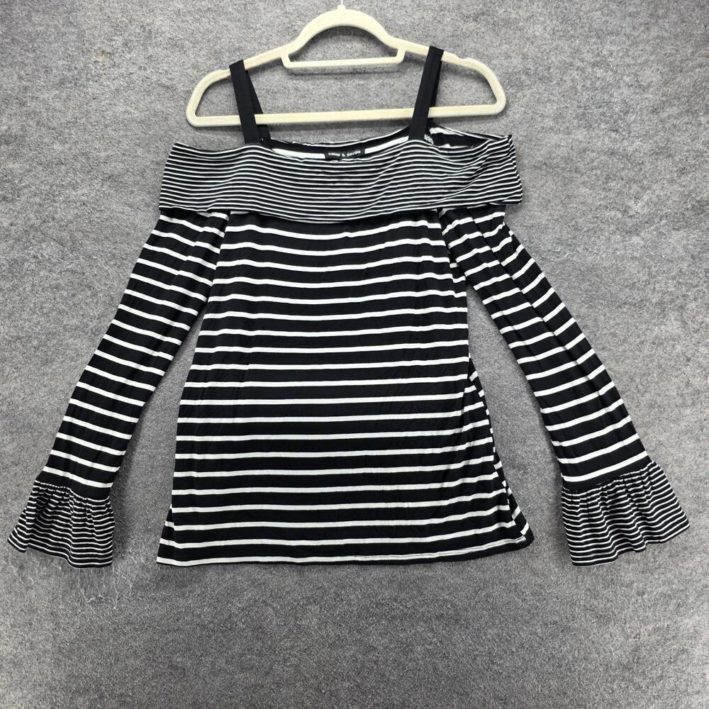 Cable & Gauge Blouse Womens L Black Striped Off Shoulder Ruffle Sleeve Jersey